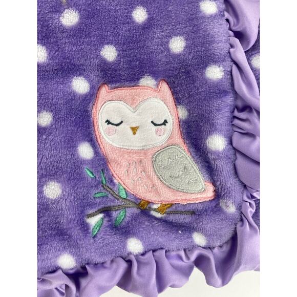 HTF Carters Purple white polkadot Pink Owl blanket satin ruffle edge Plush Thick - Picture 2 of 10